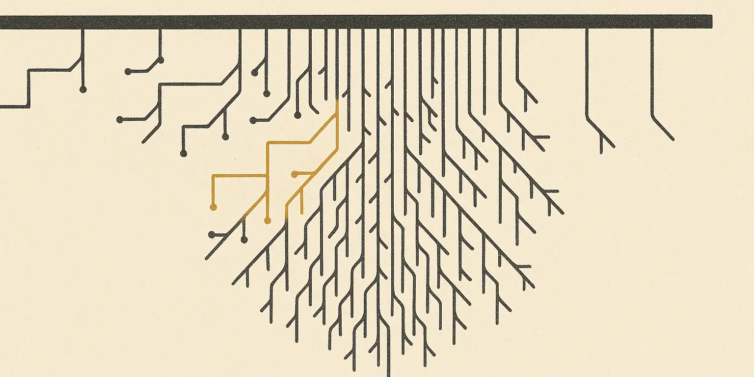 A two-ink diagram on bone-coloured paper. One thick charcoal bar runs the full width along the top. Thin lines hang down from it and fork into shorter lines, like an indented reply tree drawn as roots. Towards the left the hanging lines are few, short and widely spaced, several ending in small solid dots. Through the middle they crowd into a dense thicket that reaches the bottom edge of the paper. Towards the right they thin out again until, at the far right, two long plain lines descend alone with empty paper between them. One cluster left of centre is printed in ochre gold instead of charcoal, its ink laid down slightly out of register with the rest.